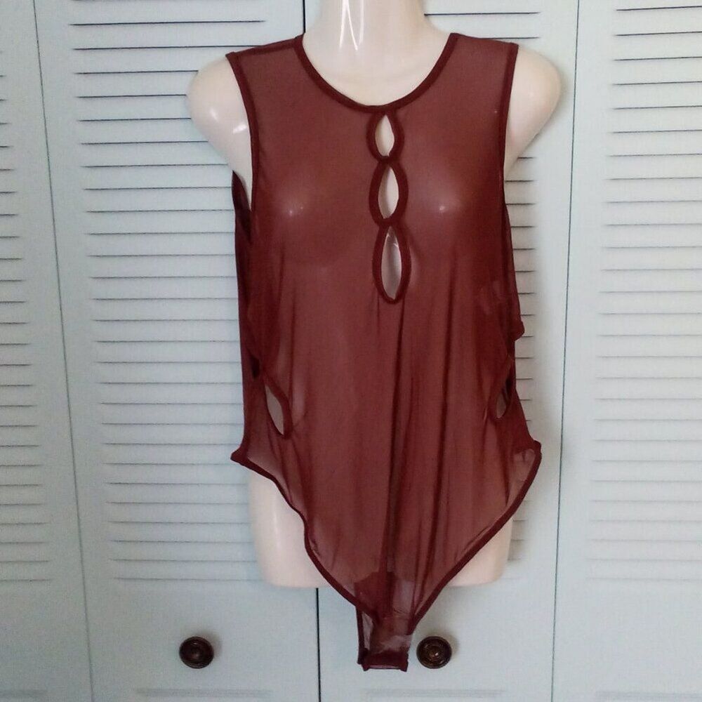 NWT PRETTYLITTLETHING CHOCOLATE MESH MULTI CUT OUT BODYSUIT SHEER SEXY TANK 10